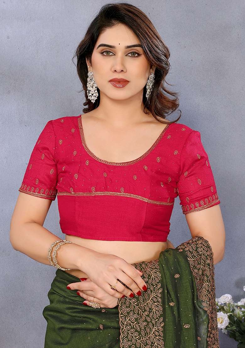Dark Green Zari Embroidery Work Vichitra Saree Set - Indya