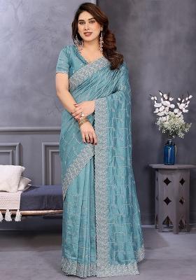 Sky Blue Embroidery Work Vichitra Saree Set
