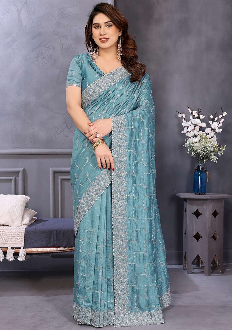 Sky Blue Embroidery Work Vichitra Saree Set - Indya
