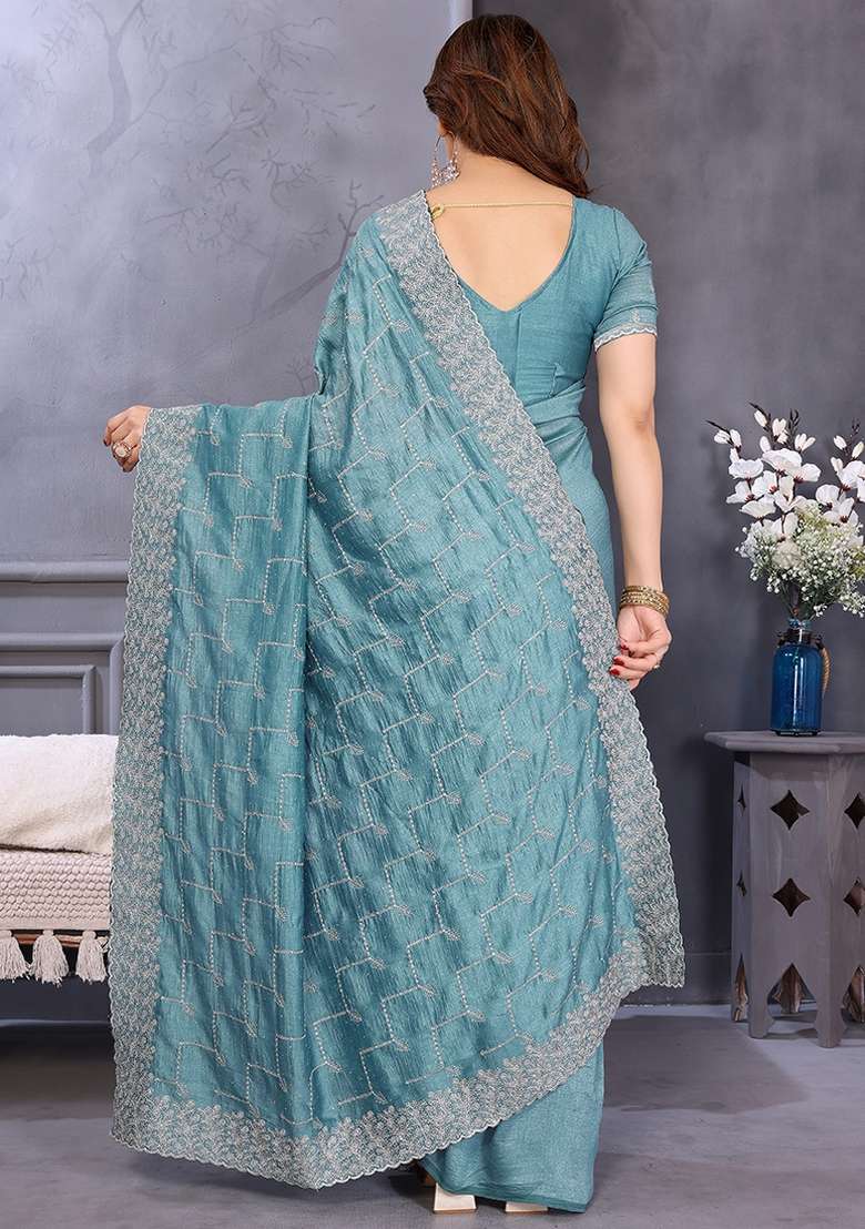 Sky Blue Embroidery Work Vichitra Saree Set - Indya