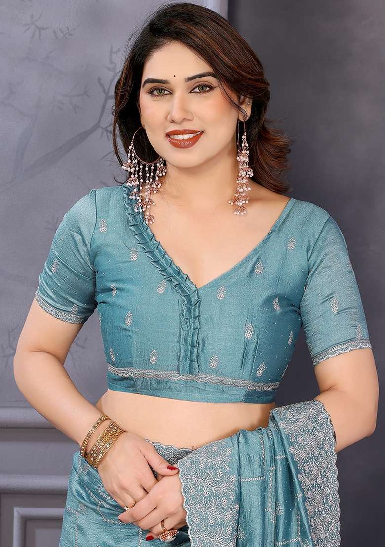 Sky Blue Embroidery Work Vichitra Saree Set - Indya