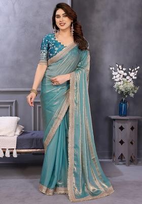 Sea Green Embroidery Work Fandy Satin Saree Set