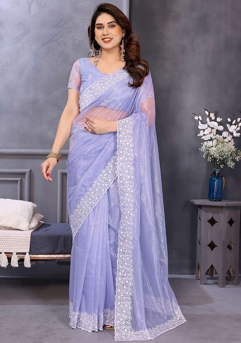 Lavender Border Work Twill Net Saree Set - Indya