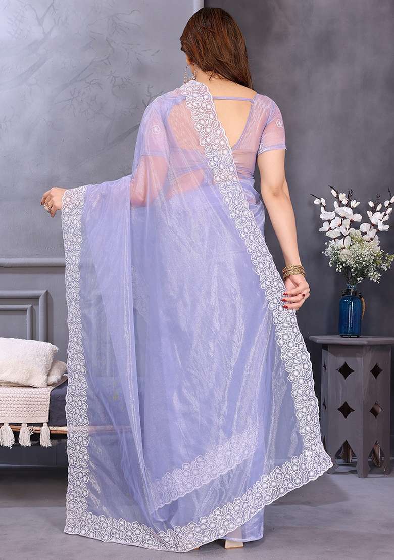 Lavender Border Work Twill Net Saree Set - Indya