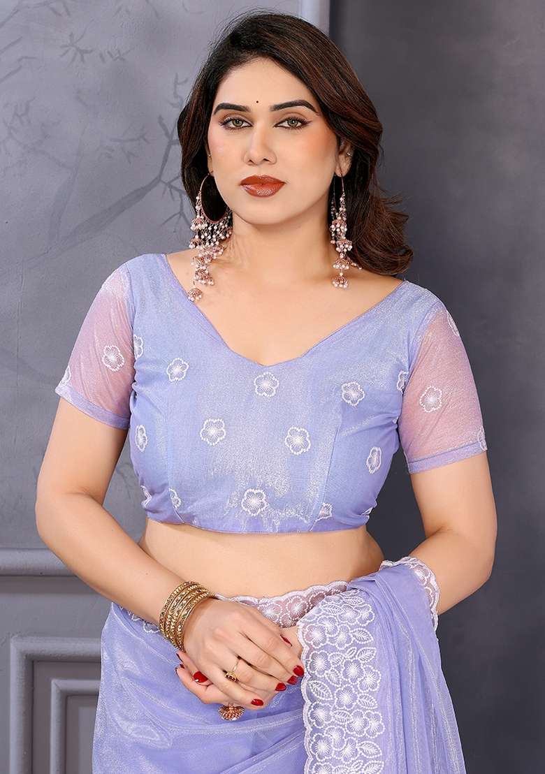 Lavender Border Work Twill Net Saree Set - Indya
