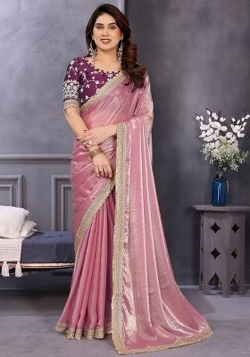 Pink Embroidery Work Fandy Satin Saree Set