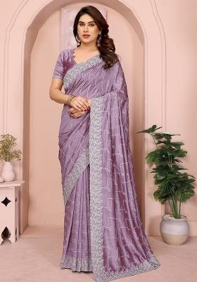 Dusty Pink Embroidery Work Vichitra Saree Set