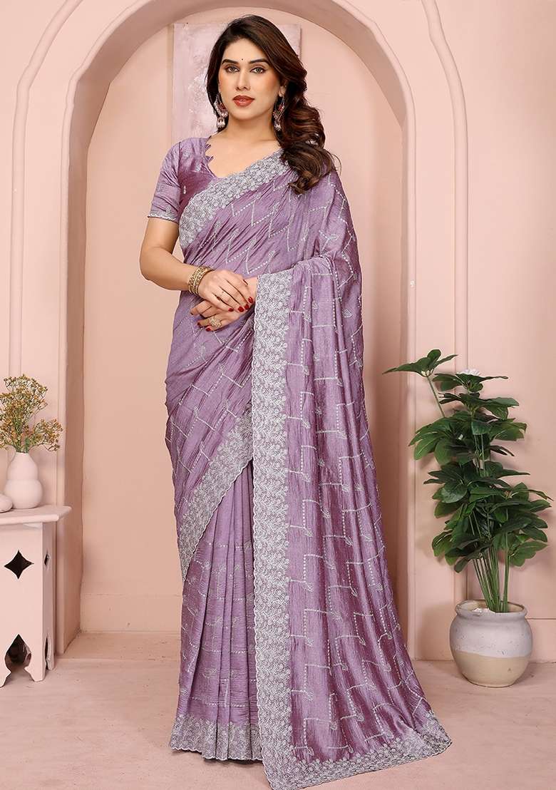 Dusty Pink Embroidery Work Vichitra Saree Set - Indya