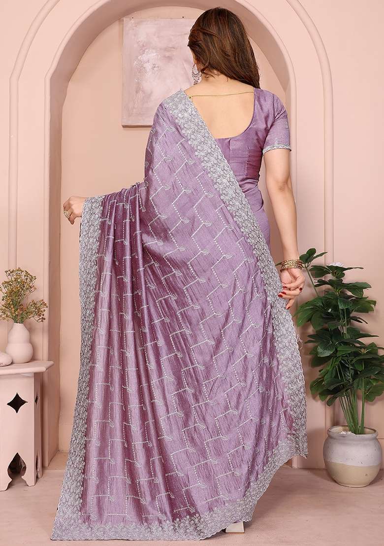 Dusty Pink Embroidery Work Vichitra Saree Set - Indya