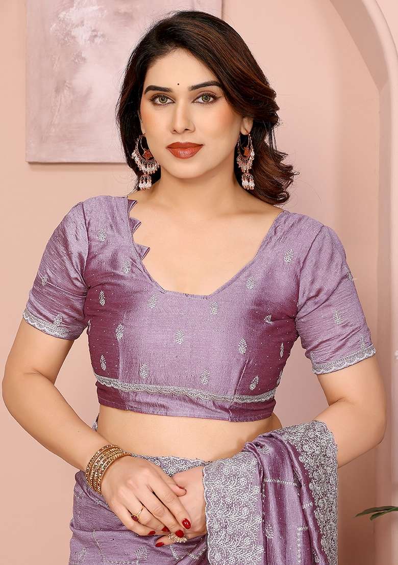 Dusty Pink Embroidery Work Vichitra Saree Set - Indya