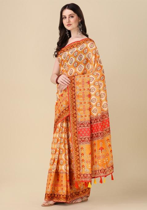 Multicolor Printed Blended Saree Set