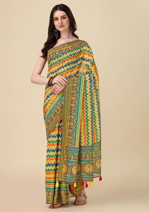 Multicolor Printed Blended Saree Set