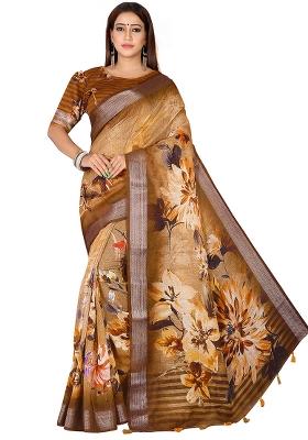 Brown Printed Blended Saree Set