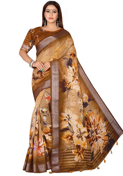 Brown Printed Blended Saree Set