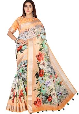 Orange Printed Blended Saree Set