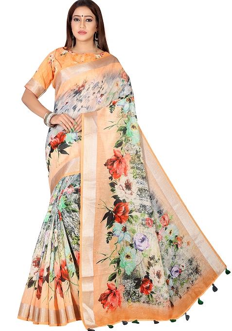 Orange Printed Blended Saree Set