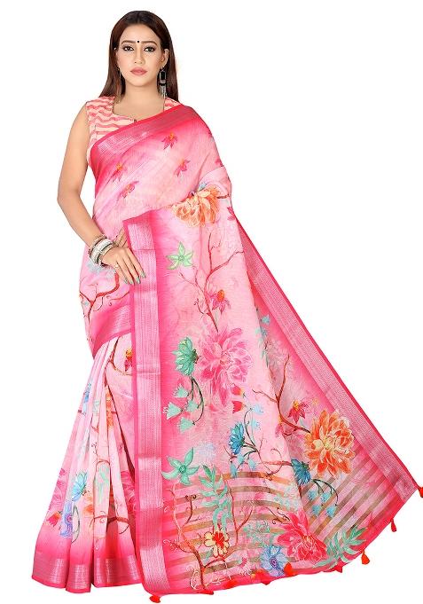 Pink Printed Blended Saree Set