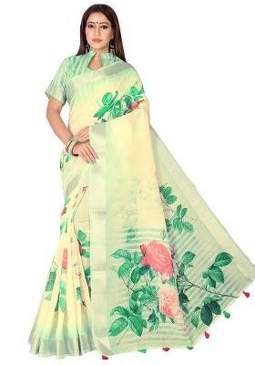 Green Printed Blended Saree Set