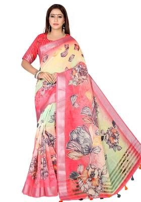 Magenta Printed Blended Saree Set