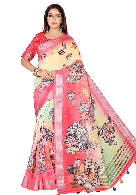 Magenta Printed Blended Saree Set