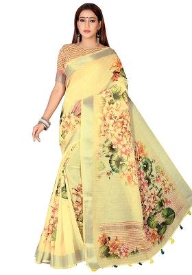 Yellow Printed Blended Saree Set