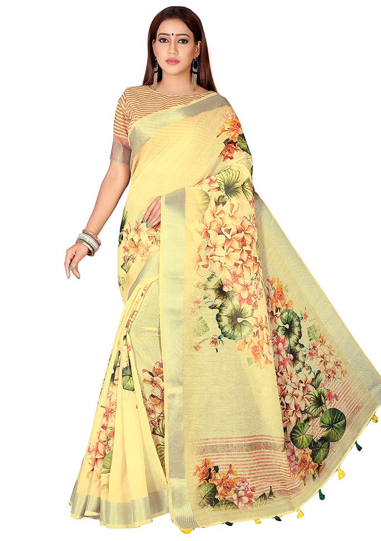 Yellow Printed Blended Saree Set - Indya