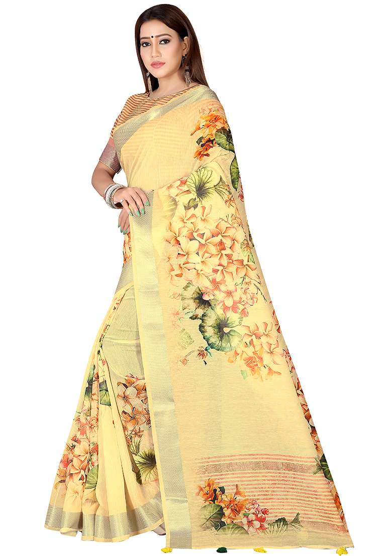 Yellow Printed Blended Saree Set - Indya