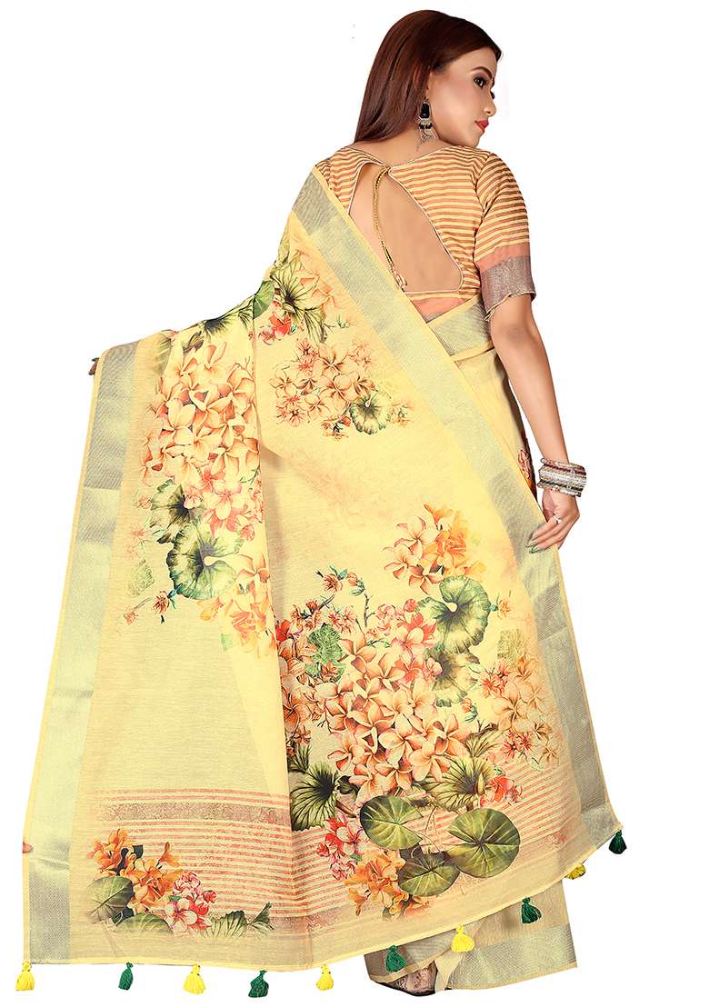 Yellow Printed Blended Saree Set - Indya