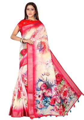 Red Printed Blended Saree Set