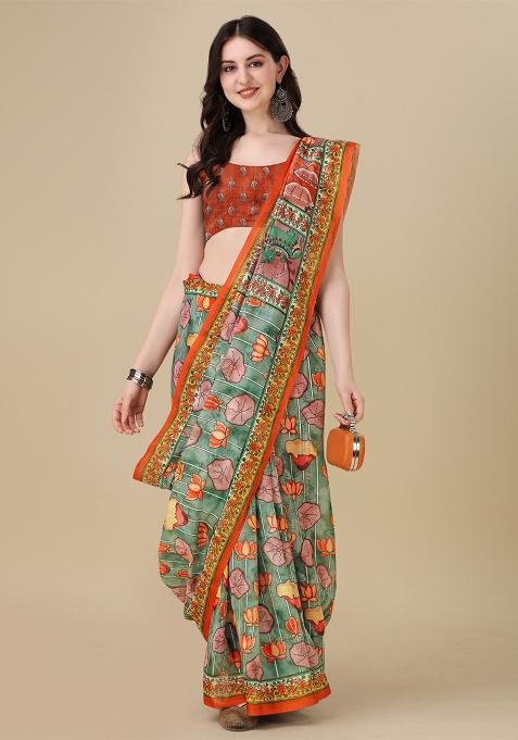Multicolor Printed Blended Saree Set