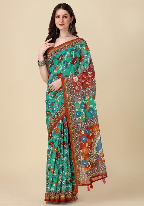 Multicolor Printed Blended Saree Set