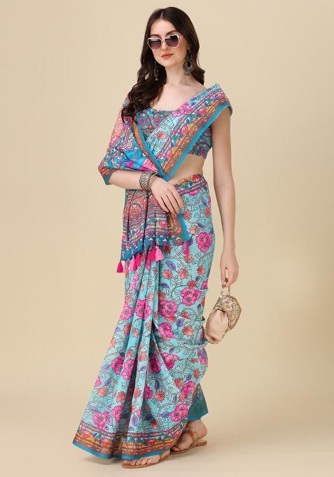 Multicolor Printed Blended Saree Set