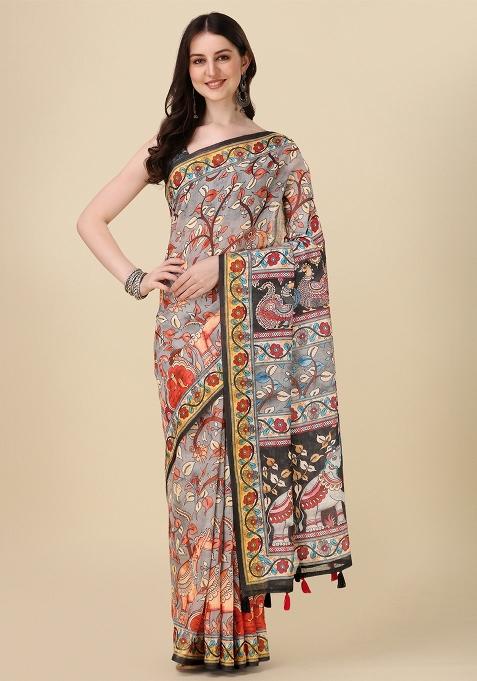 Multicolor Printed Blended Saree Set