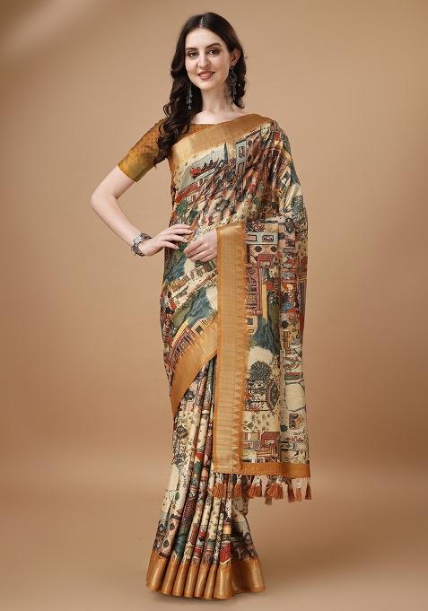 Multicolor Printed Silk Saree Set