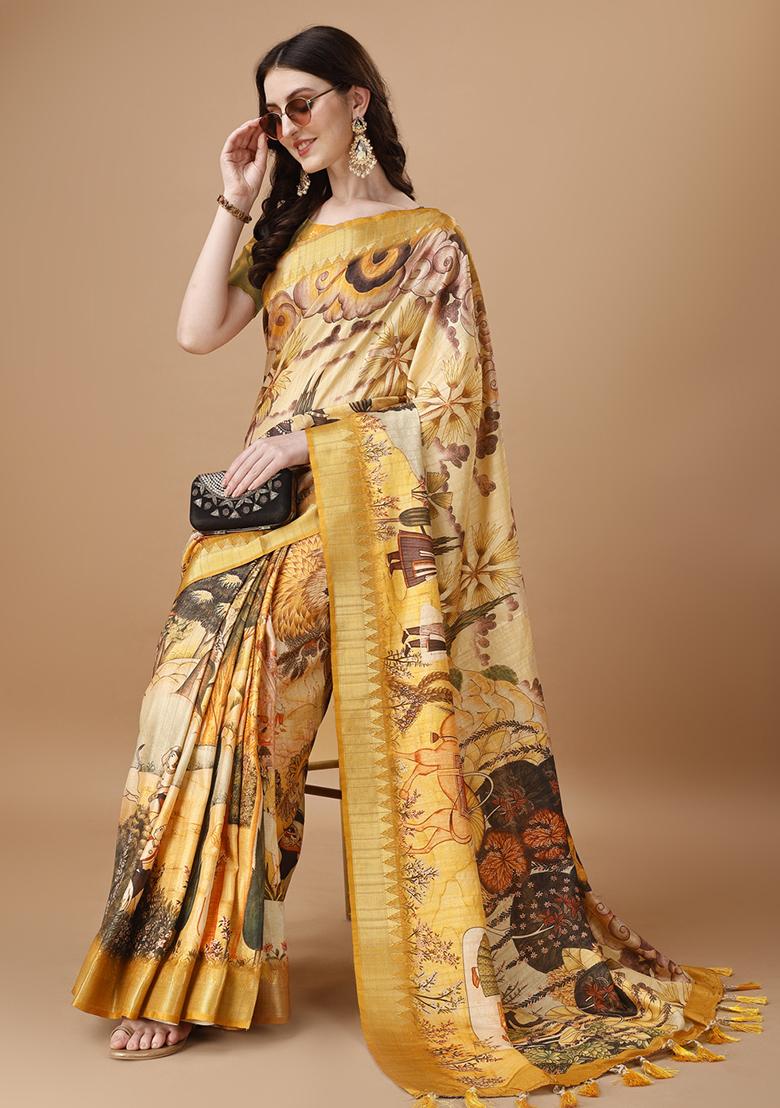 Multicolor Printed Silk Saree Set - Indya