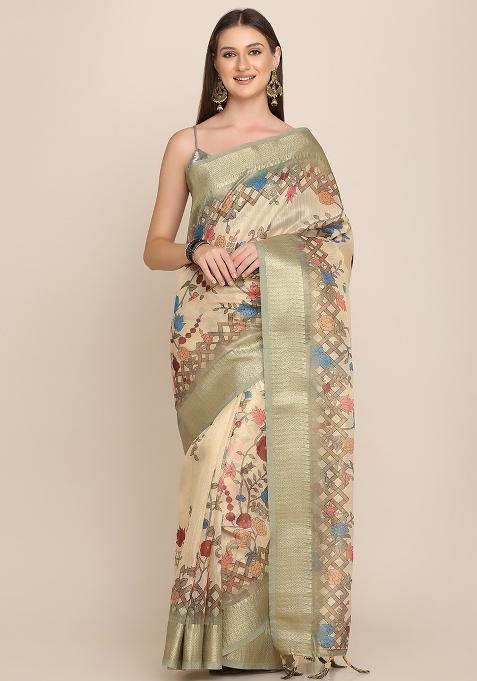 Multicolor Printed Blended Saree Set