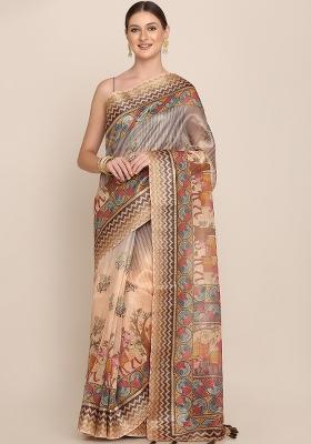 Multicolor Printed Blended Saree Set