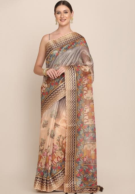 Multicolor Printed Blended Saree Set