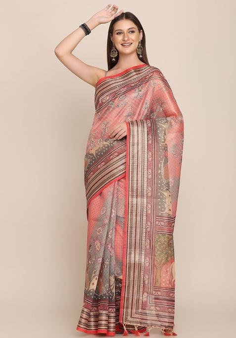 Multicolor Printed Blended Saree Set