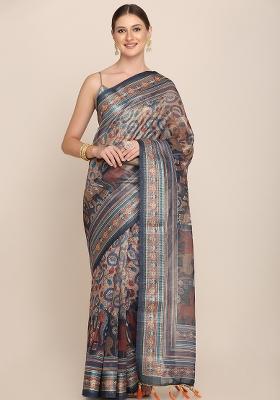 Multicolor Printed Blended Saree Set