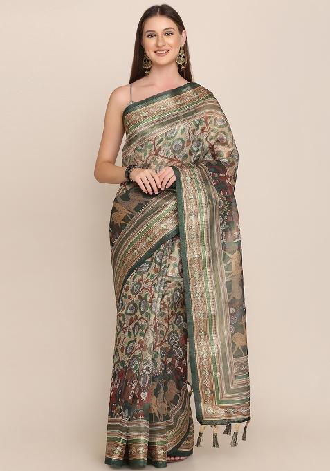 Multicolor Printed Blended Saree Set