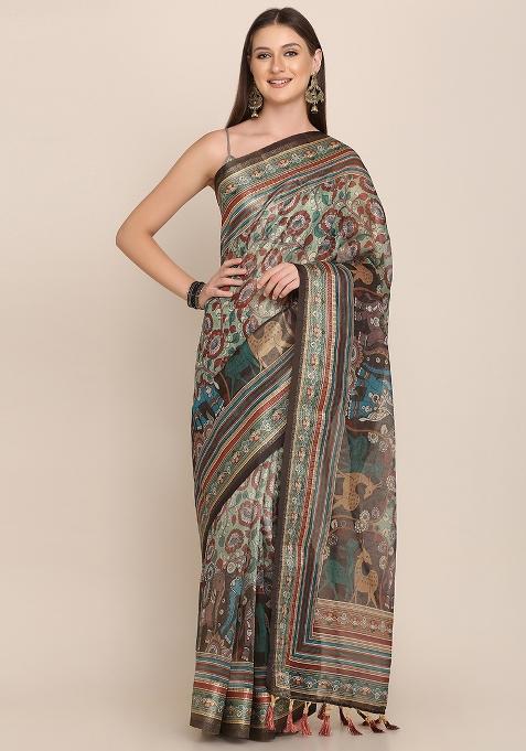 Multicolor Printed Blended Saree Set
