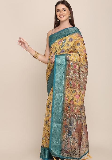 Multicolor Printed Blended Saree Set