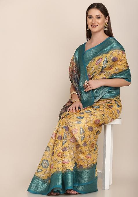 Multicolor Printed Blended Saree Set