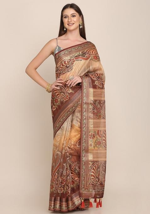 Multicolor Printed Blended Saree Set