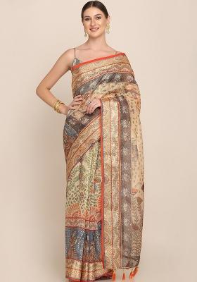 Multicolor Printed Blended Saree Set