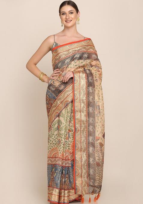Multicolor Printed Blended Saree Set