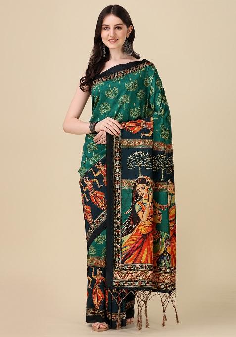 Multicolor Printed Silk Saree Set