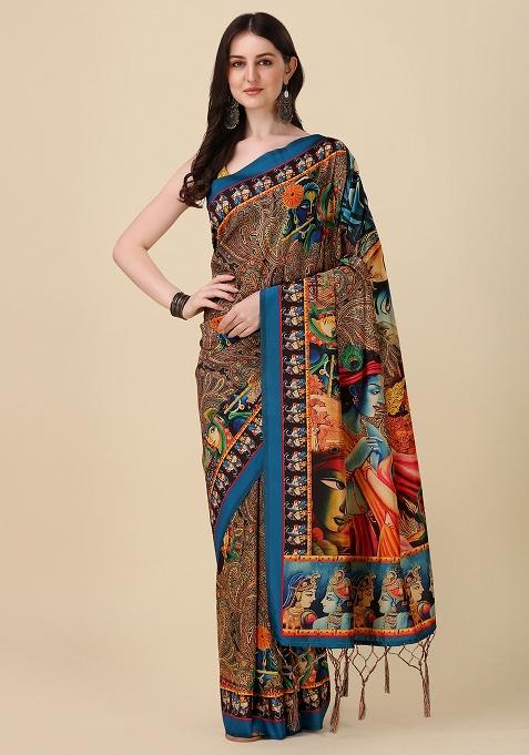 Multicolor Printed Silk Saree Set