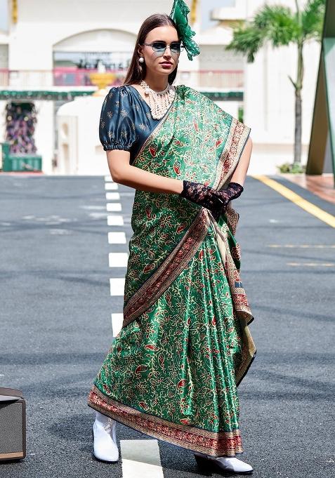 Green Printed Silk Saree Set